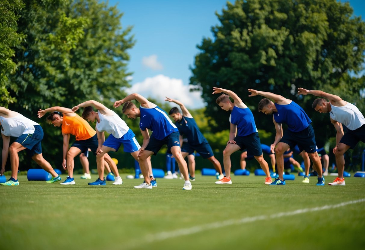 A group of athletes stretching and warming up before engaging in various outdoor sports activities, surrounded by lush greenery and a bright blue sky