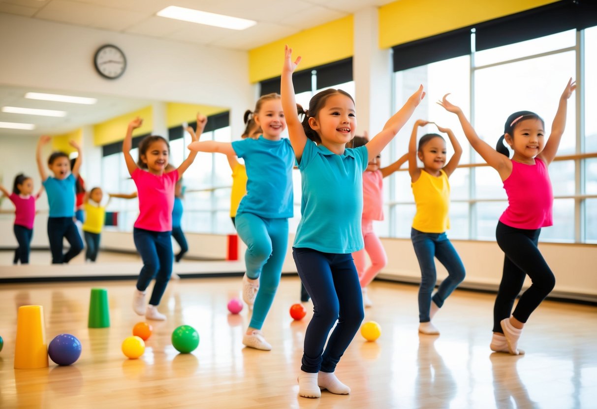 Children happily dancing in a bright, spacious studio with colorful dance props and mirrors. A passionate instructor leads the class with enthusiasm