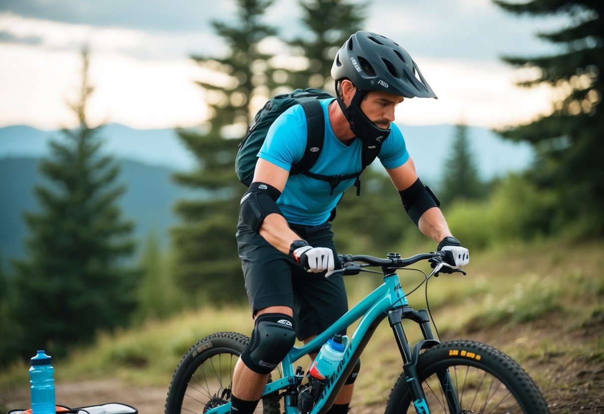 A mountain biker wearing a helmet, knee and elbow pads, and gloves, with a water bottle and a first aid kit nearby