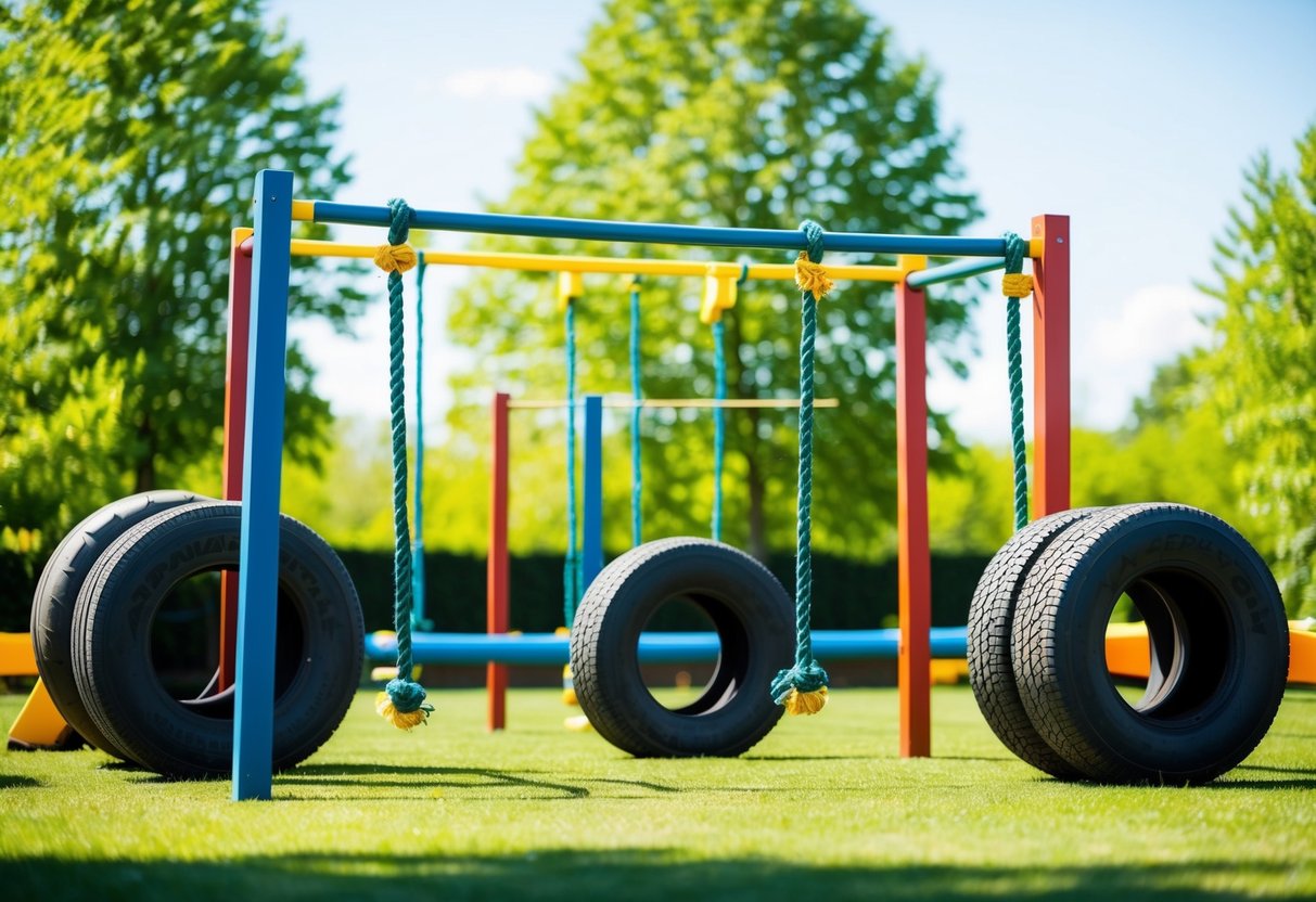 An outdoor obstacle course with tires, ropes, balance beams, and tunnels, surrounded by green trees and bright sunshine