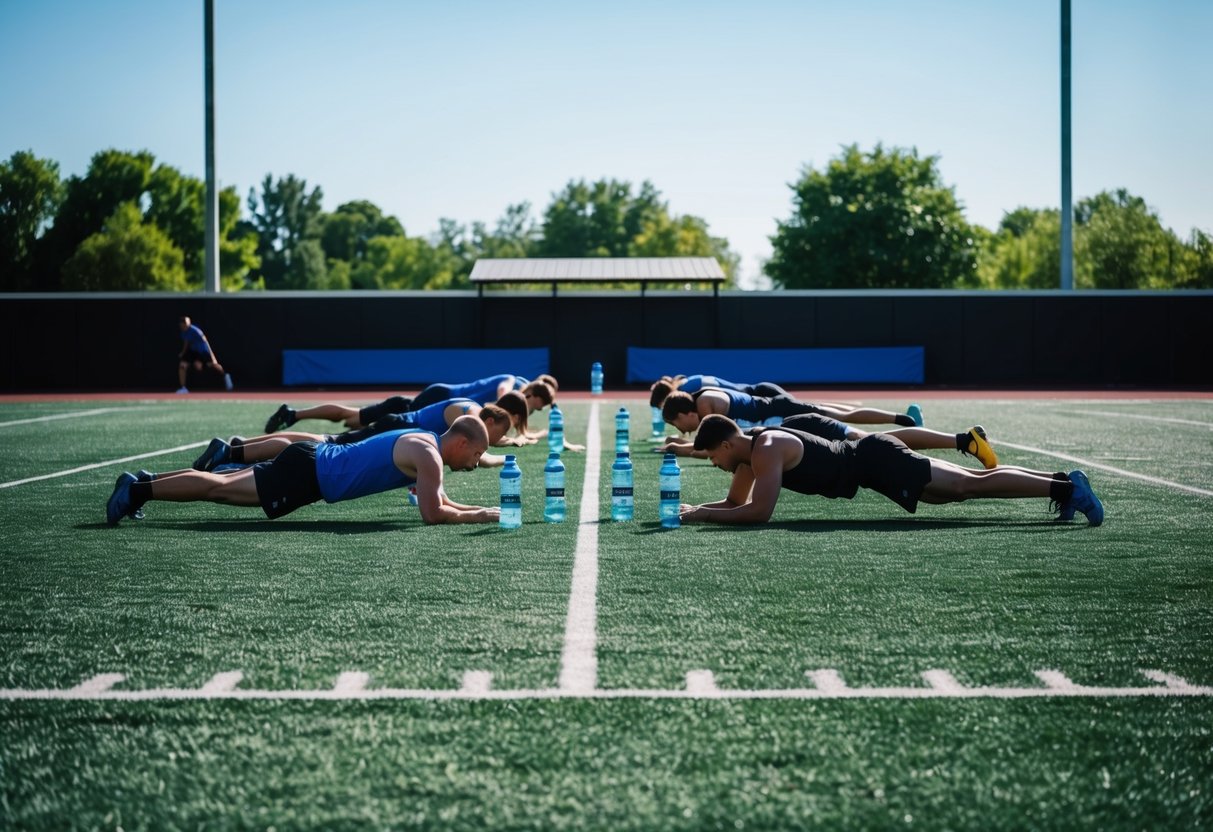 A sunny outdoor sports field with water bottles, a shaded area, and athletes stretching before the game
