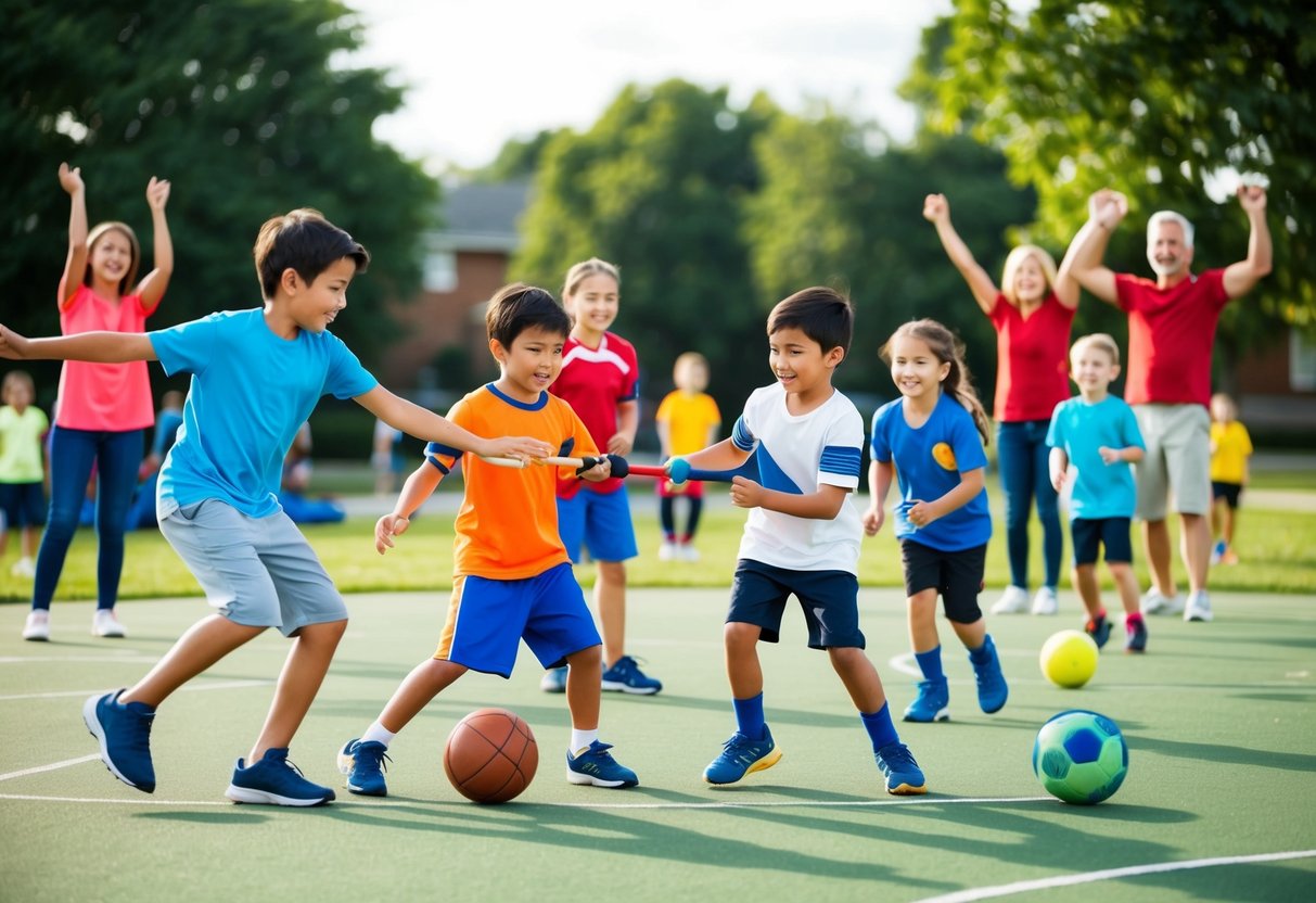 A group of children playing various sports together in a community park, with parents cheering from the sidelines