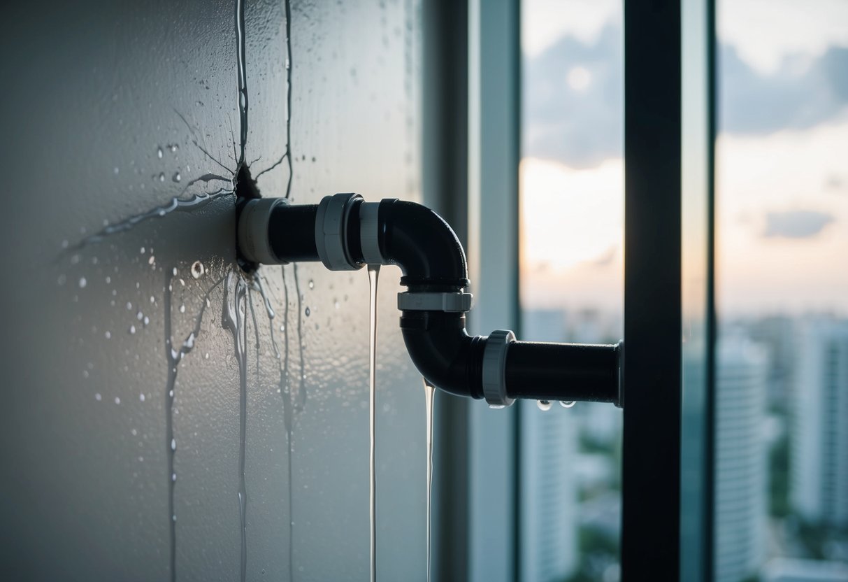 Water drips from a cracked pipe in a condo, causing a large wet stain on the wall