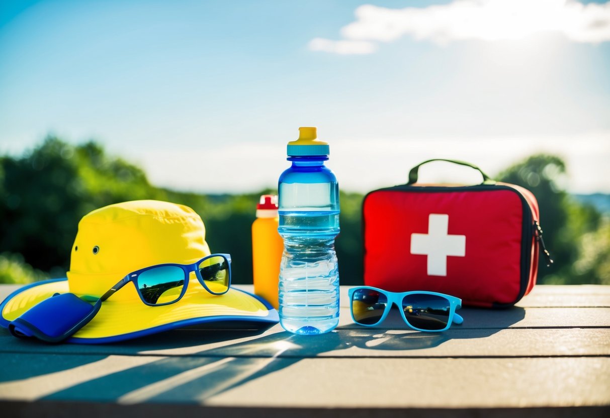 A sunny outdoor sports scene with sunscreen, water bottle, hat, sunglasses, and first aid kit nearby