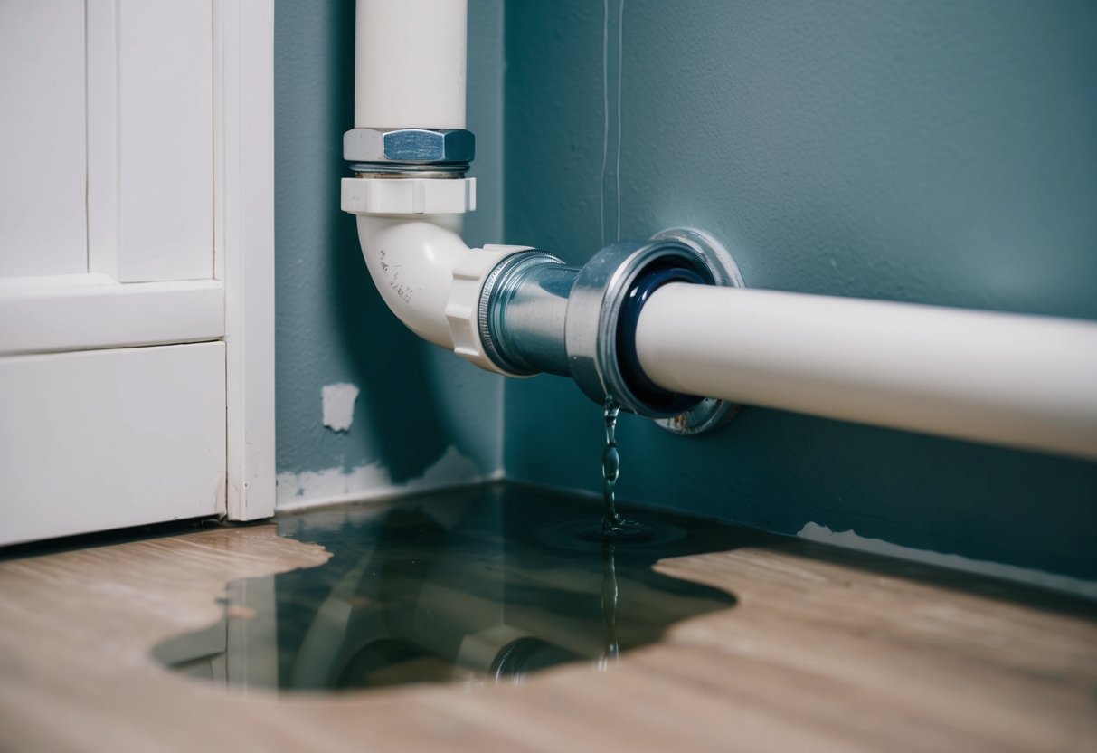 A water pipe leaking inside a condo wall, with water seeping through the paint and forming a small puddle on the floor