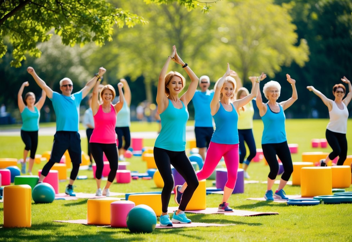 Brightly colored exercise equipment scattered around a sunny park, with people of all ages and abilities dancing, stretching, and smiling as they listen to music