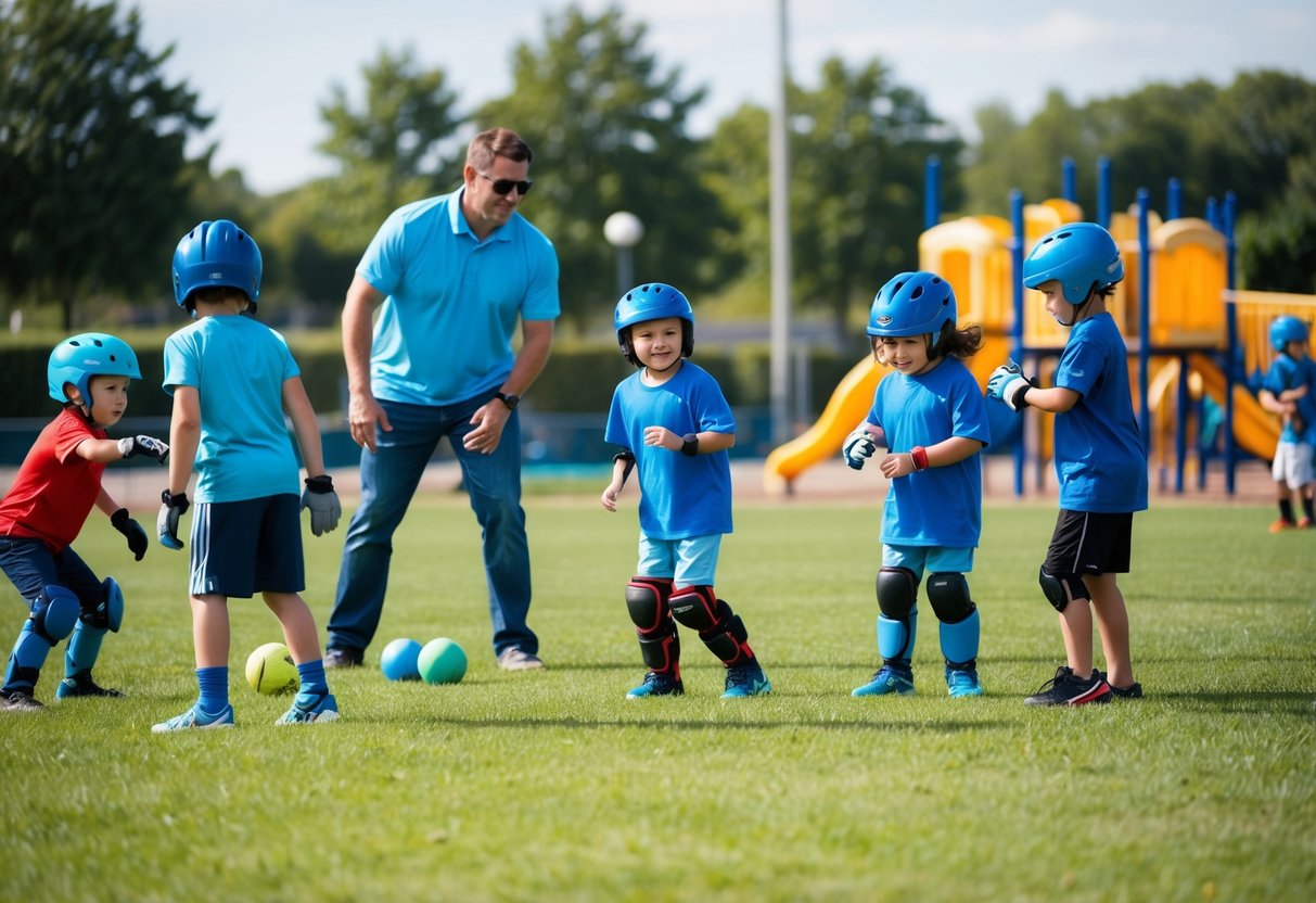 Children playing various outdoor sports under the supervision of adults. Safety equipment such as helmets, knee pads, and gloves are visible. The setting is a sunny day with a grassy field and a playground in the background