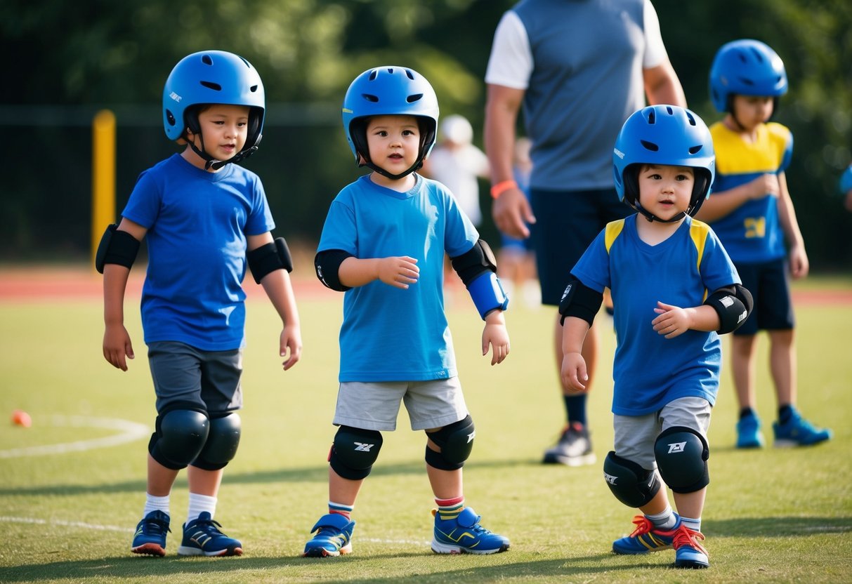 Children wearing helmets, knee and elbow pads, and proper sports shoes while playing outdoor sports. They are supervised by adults and follow safety guidelines