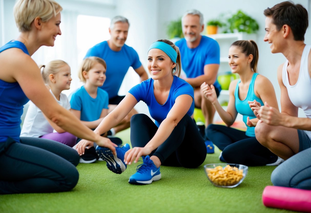 A person in athletic gear tries a new sport, surrounded by supportive friends and family, with exercise equipment and healthy snacks nearby
