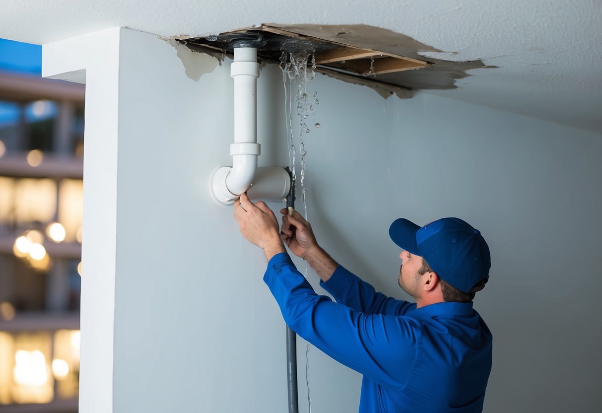 A condo with a leaking pipe causing water damage to the wall, with an inspector assessing the extent of the damage