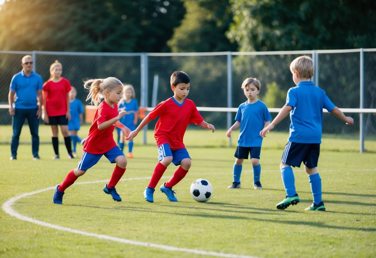 Children playing soccer in a fenced field with soft, grassy ground. Coaches and parents watch from a distance, ensuring safety