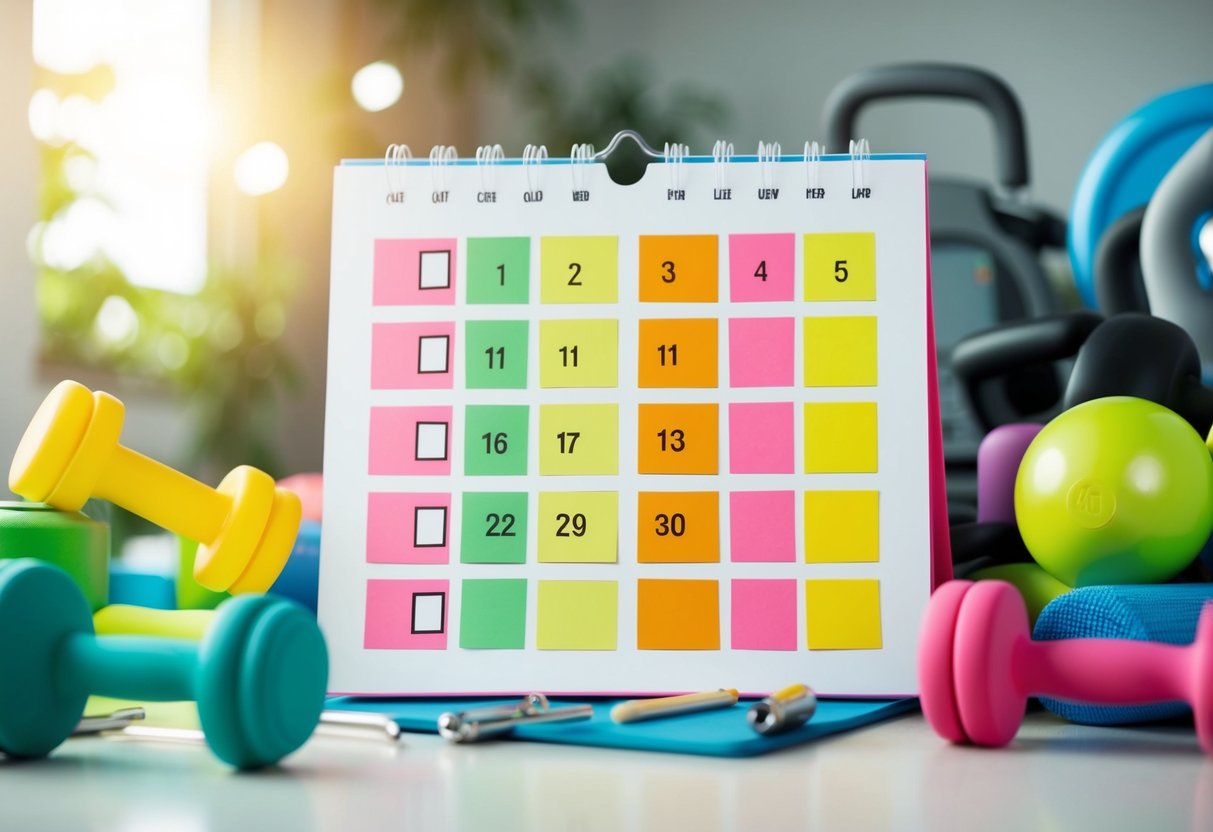A colorful calendar with checkboxes for each day, surrounded by exercise equipment and a happy, energetic atmosphere