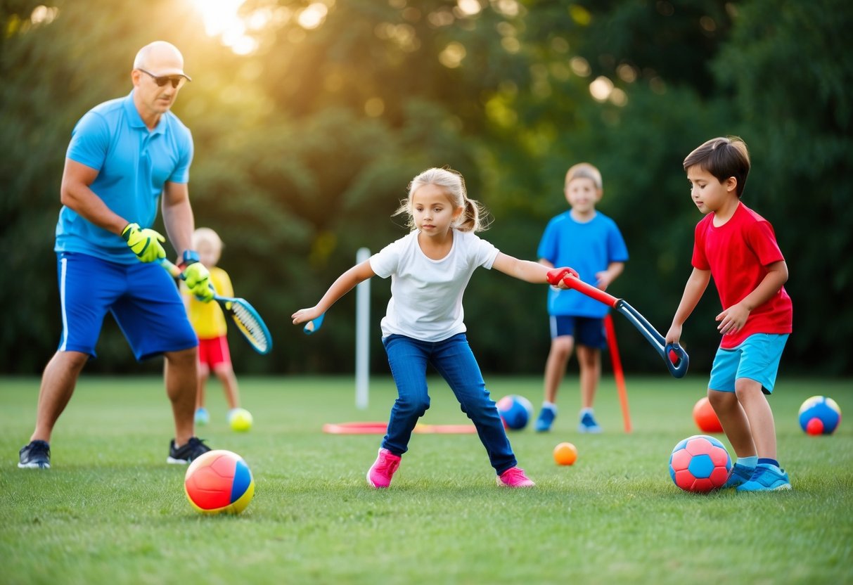 Children playing various outdoor sports with a watchful adult overseeing and ensuring safety