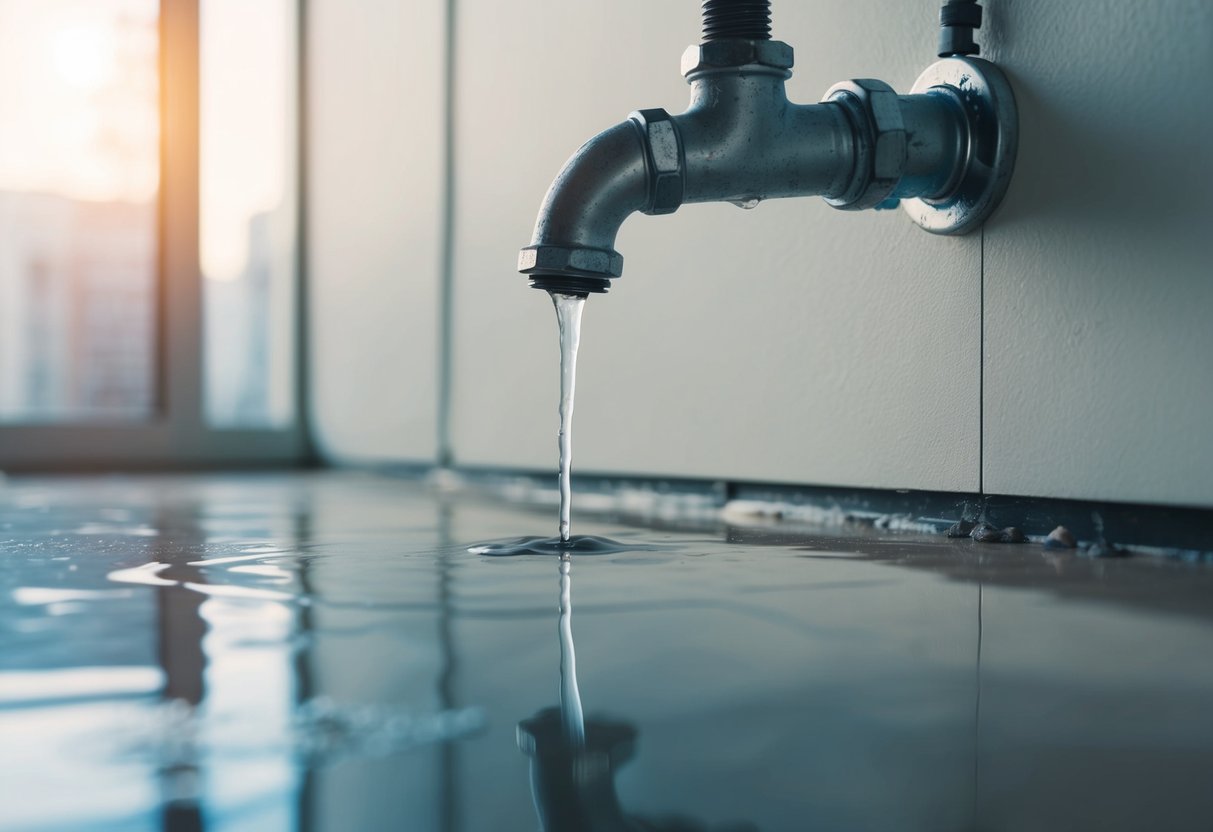 Water dripping from a cracked pipe in a condo wall, causing a small puddle on the floor