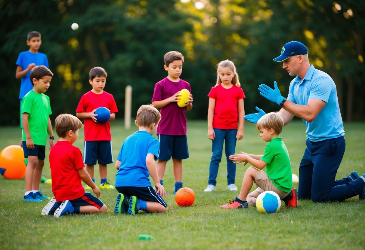 A group of children playing various outdoor sports while an adult demonstrates basic first aid techniques nearby