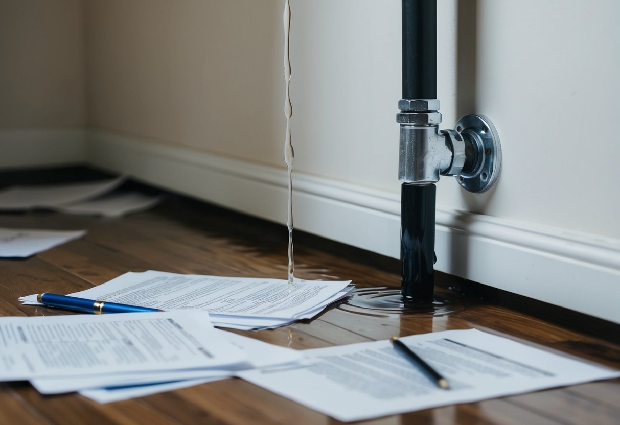 Water dripping from a cracked pipe in a condo wall, with legal and documentation papers scattered on the floor