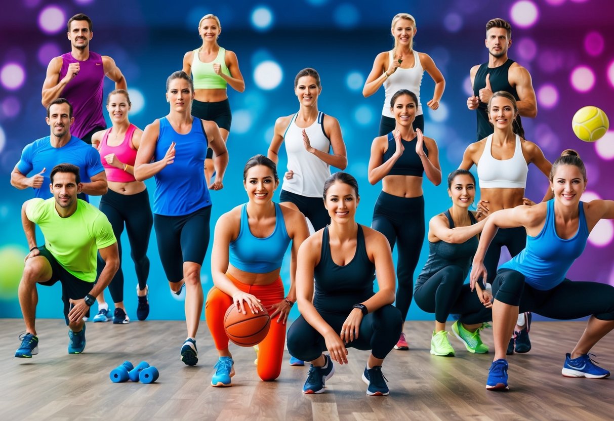 A diverse group of athletes engaged in various sports activities, such as running, swimming, cycling, yoga, basketball, soccer, tennis, and rock climbing, all set against a backdrop of a vibrant and dynamic fitness environment