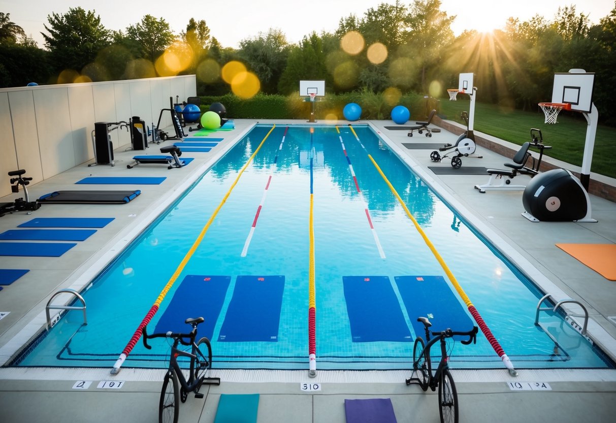 A pool surrounded by various sports equipment, including swimming lanes, yoga mats, basketball hoops, and cycling machines, all bathed in natural light