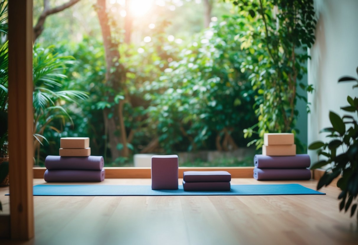 A serene yoga studio with mats, blocks, and soothing natural light, surrounded by lush greenery and peaceful ambiance