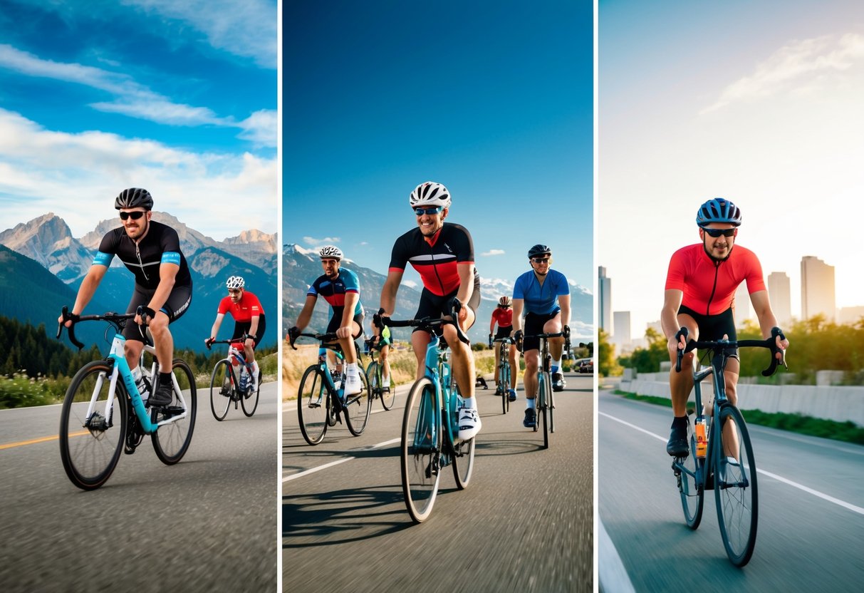 A group of cyclists riding through a variety of landscapes, from mountains to city streets, showcasing different sports and fostering a passion for fitness
