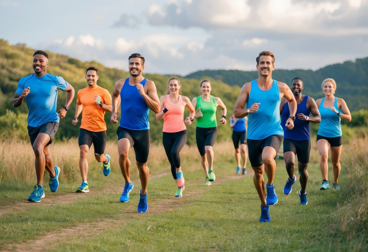 A group of diverse individuals engaging in various physical activities such as running, cycling, swimming, and hiking in a natural outdoor setting
