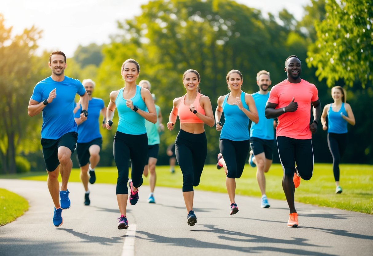 A group of diverse individuals engaged in various physical activities such as running, cycling, and yoga in a vibrant outdoor setting