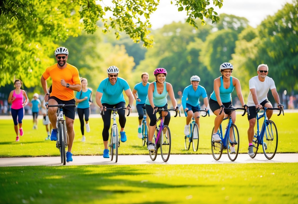 A vibrant park with people of all ages engaged in various physical activities - jogging, cycling, yoga, and playing sports - surrounded by greenery and sunshine