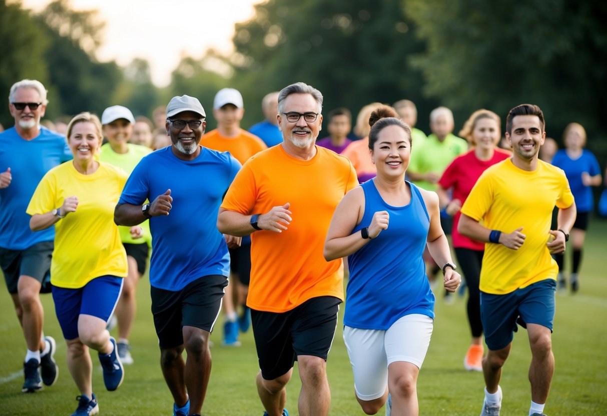 A group of people of various ages and backgrounds are seen participating in a community sports event, such as a fun run or a friendly game of soccer, showing enthusiasm and teamwork