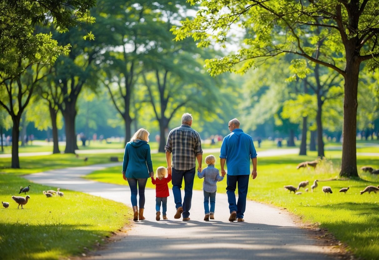 A family walks through a park, surrounded by trees and wildlife. They stroll along a winding path, enjoying the fresh air and sunshine