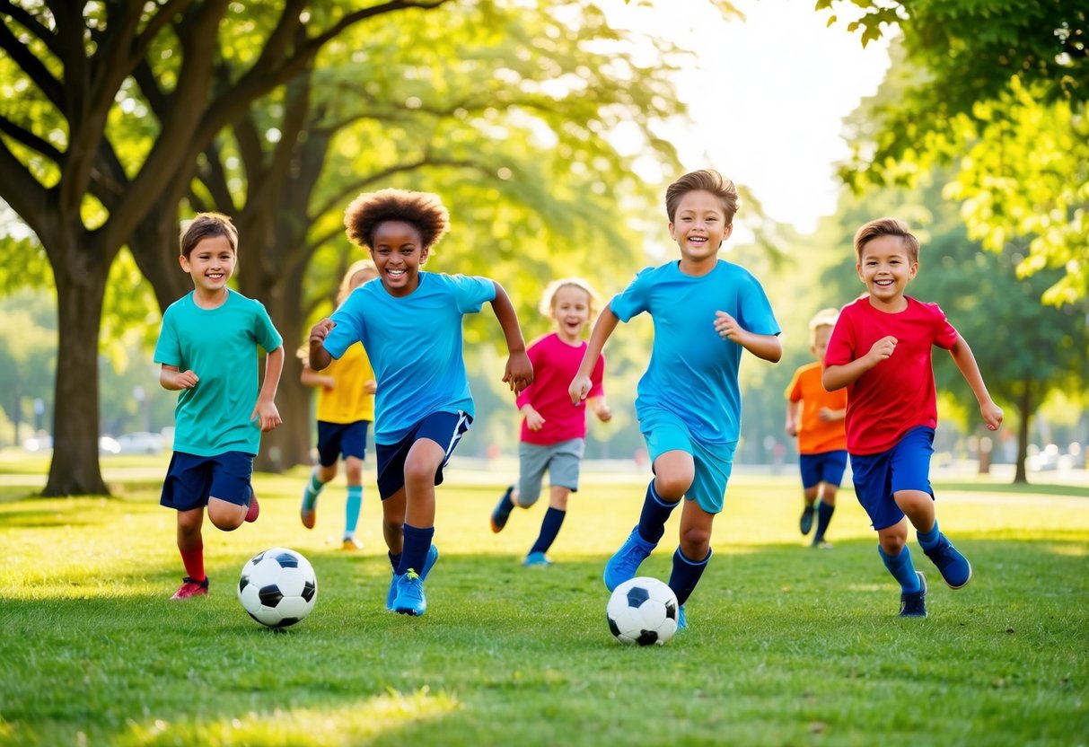 Children playing soccer in a park, surrounded by trees and sunshine. A group of kids running and laughing, with a positive and active atmosphere