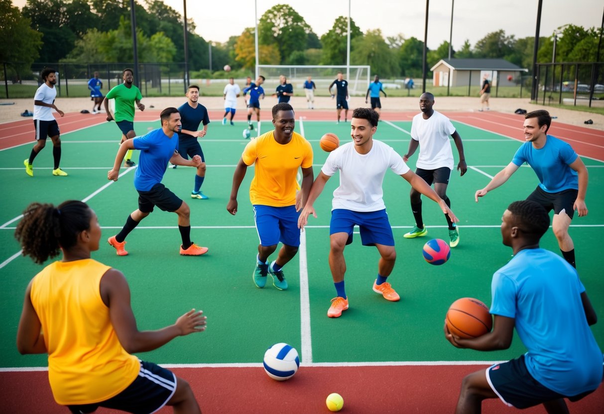 A group of diverse individuals engage in various sports activities, such as soccer, basketball, and volleyball, on a vibrant and bustling community sports field