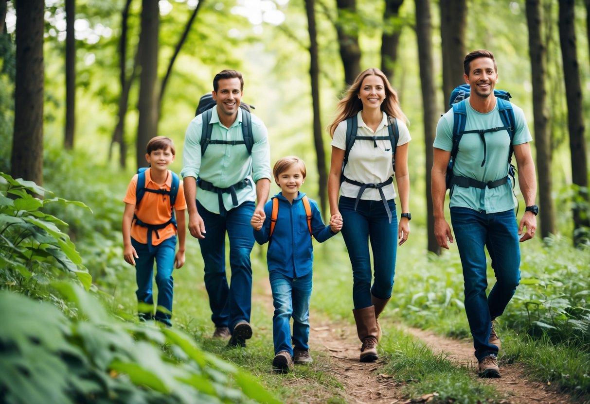 A family hiking through a lush forest, with the parents leading the way and the children following closely behind, all smiling and enjoying the active outdoor adventure