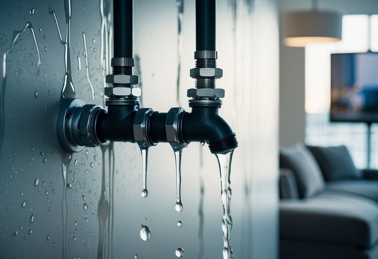 Water drips from a cracked pipe onto a water-stained wall in a modern condo