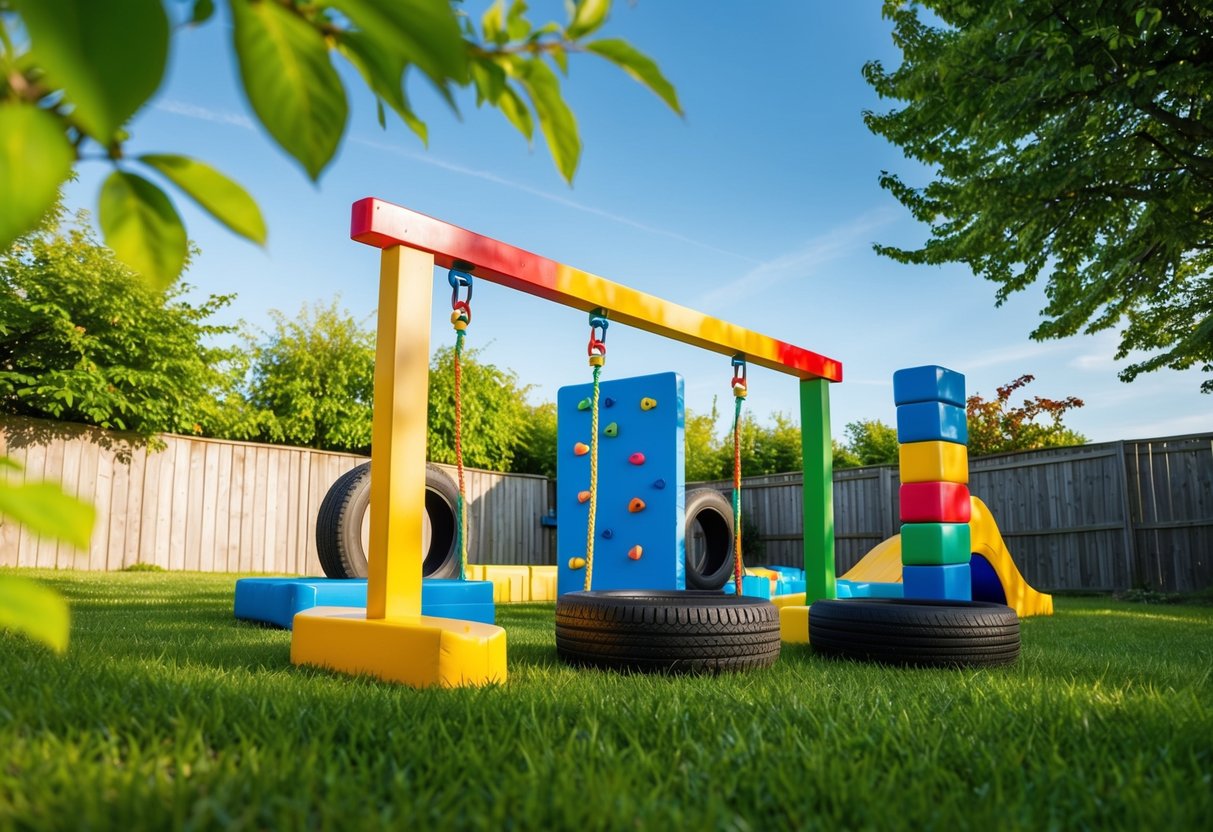 A colorful backyard obstacle course with a balance beam, tires, ropes, and a climbing wall, surrounded by lush greenery and a clear blue sky