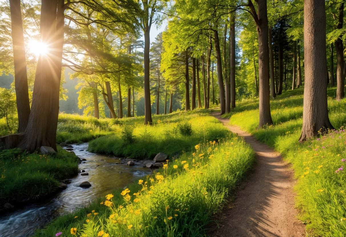 A winding forest trail leads to a sun-dappled clearing, surrounded by towering trees and a babbling brook. Birds flit through the air, and colorful wildflowers dot the landscape