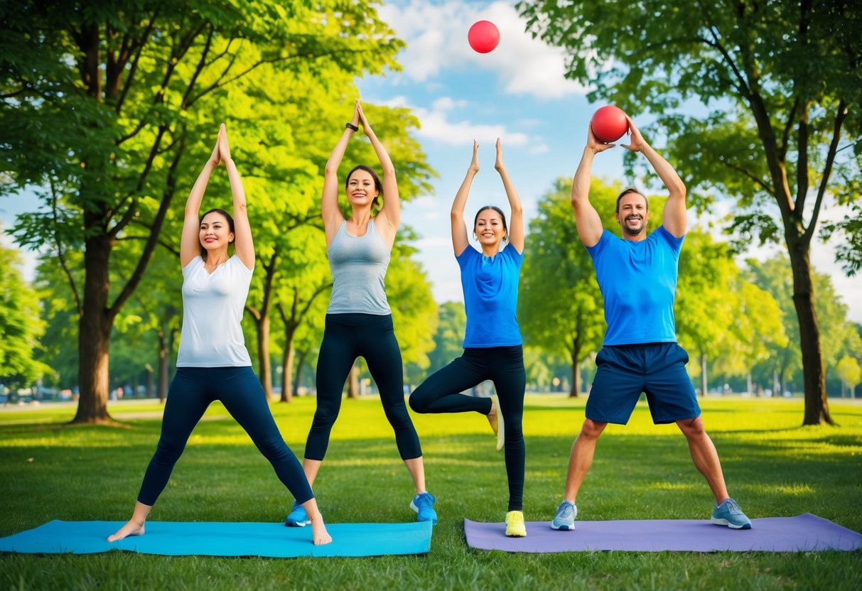 A family of four exercises together in a park, surrounded by green trees and blue skies. They do yoga poses, jumping jacks, and play catch with a ball