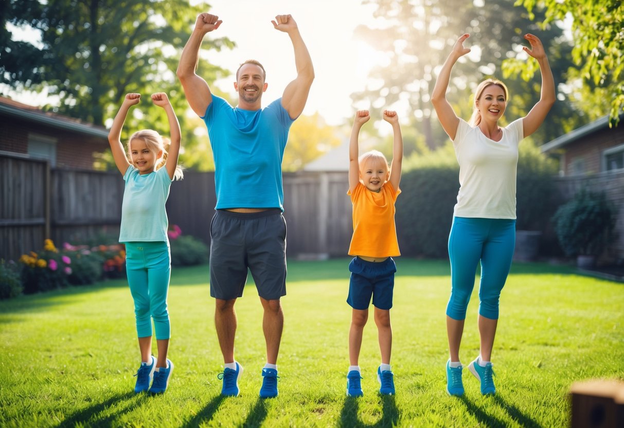 A family of four exercises together in their backyard, doing jumping jacks, push-ups, and stretching in the morning sunlight