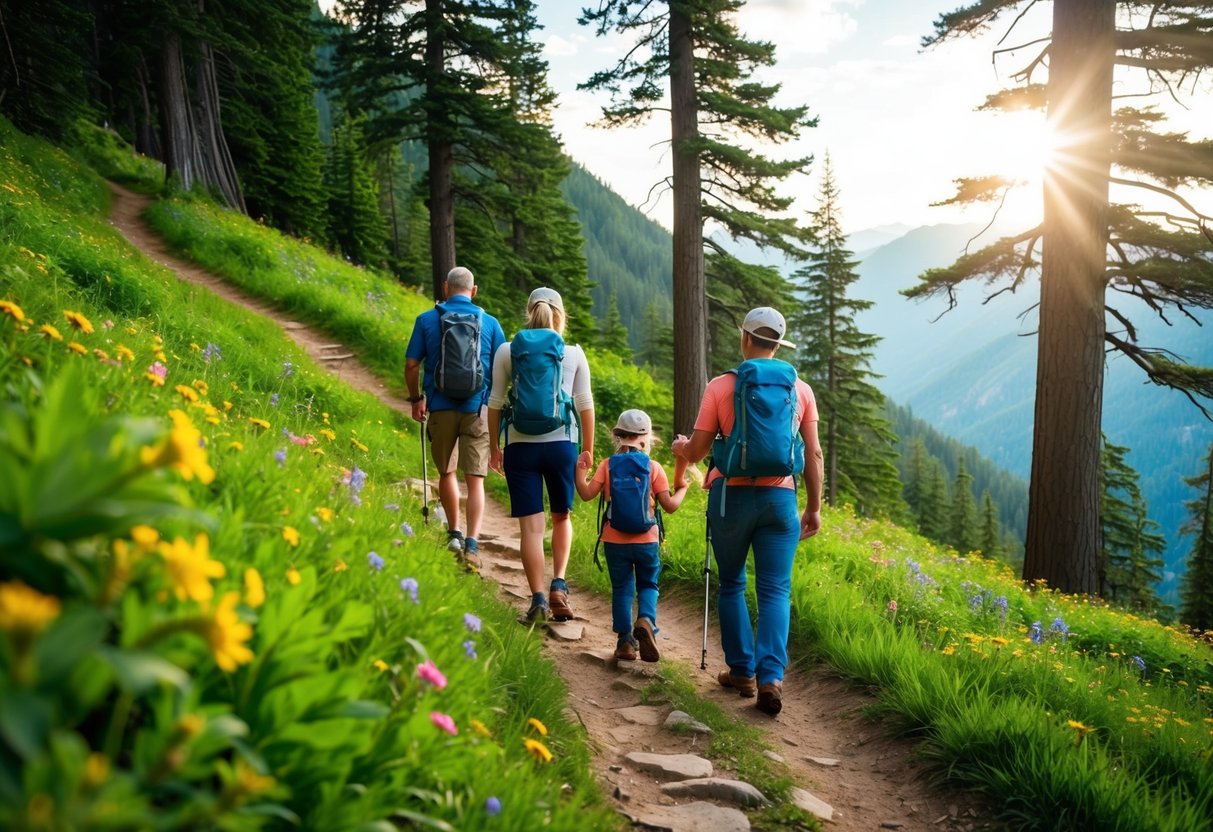 A family of four hikes up a lush mountain trail, surrounded by towering trees and vibrant wildflowers. The sun shines through the canopy, casting dappled light on the winding path