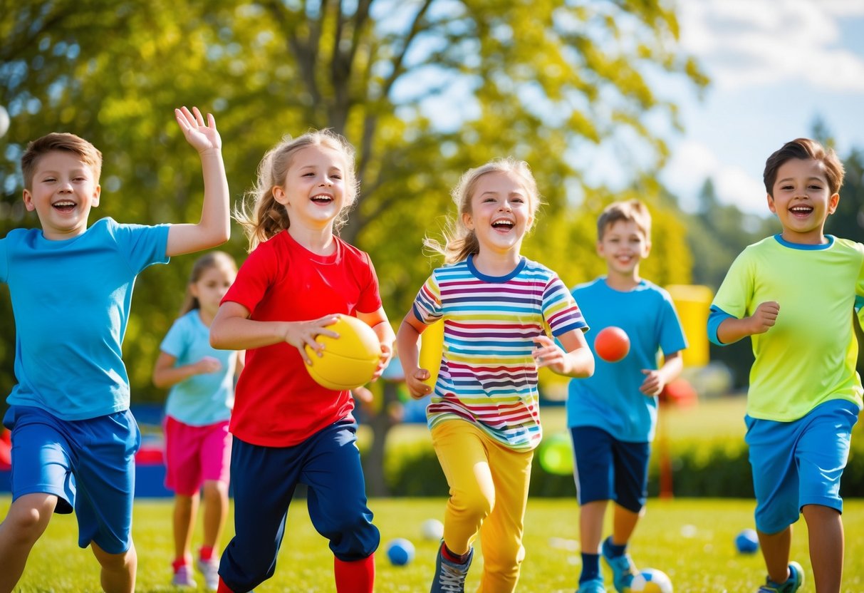 Children playing various sports and games in a colorful, outdoor setting, surrounded by trees and sunshine. Laughter and movement fill the scene