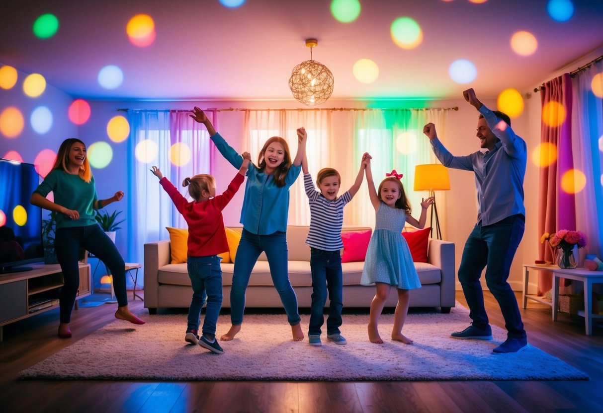A living room filled with colorful lights and music, with kids and parents dancing and moving together in a joyful and energetic atmosphere
