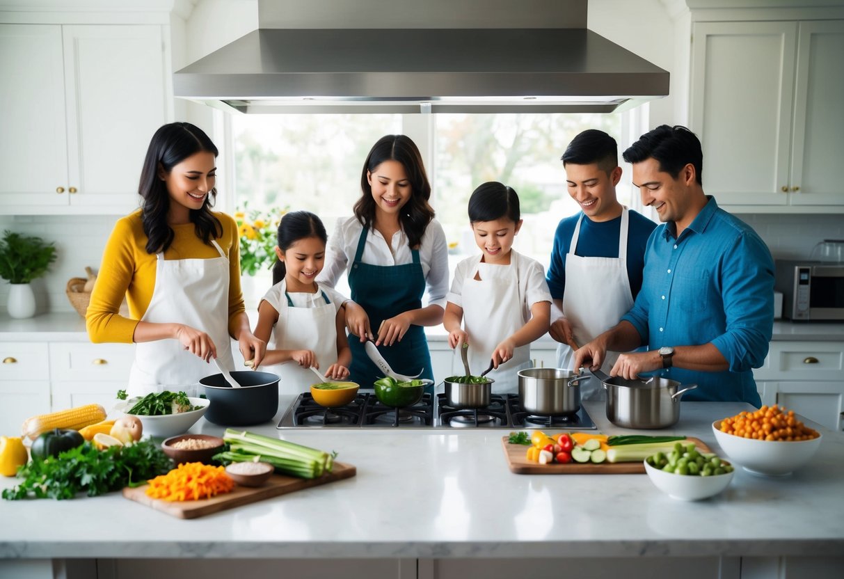 A family standing around a kitchen island, chopping vegetables, measuring ingredients, and stirring pots on the stove, with a variety of healthy foods displayed on the counter