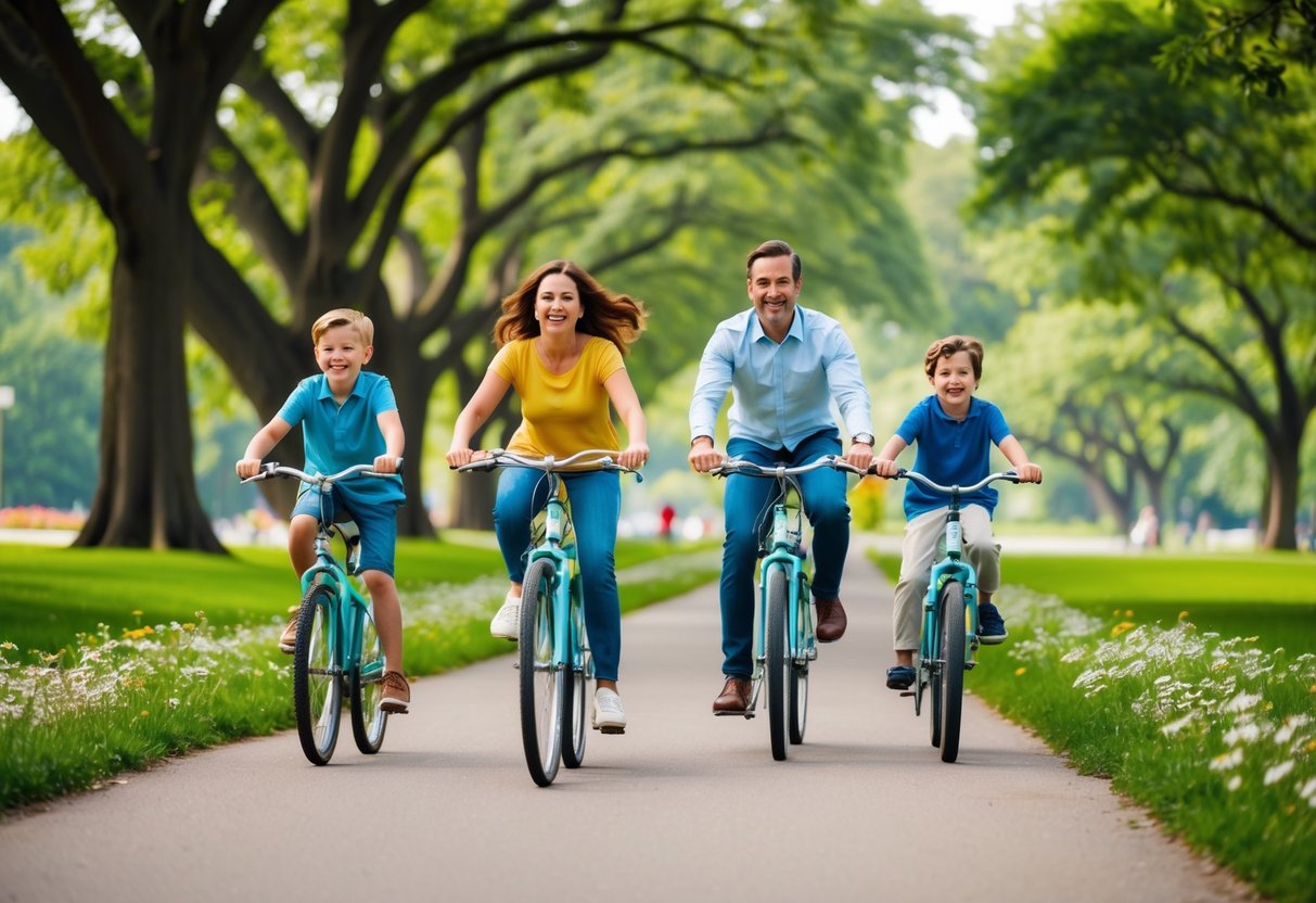 A family of four bikes through a lush park, surrounded by towering trees and vibrant flowers. The children laugh and race ahead, while the parents smile and enjoy the serene surroundings