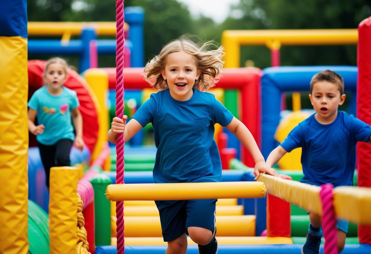 Children navigating a colorful obstacle course, using ropes, tunnels, and balance beams, with a mix of excitement and determination on their faces