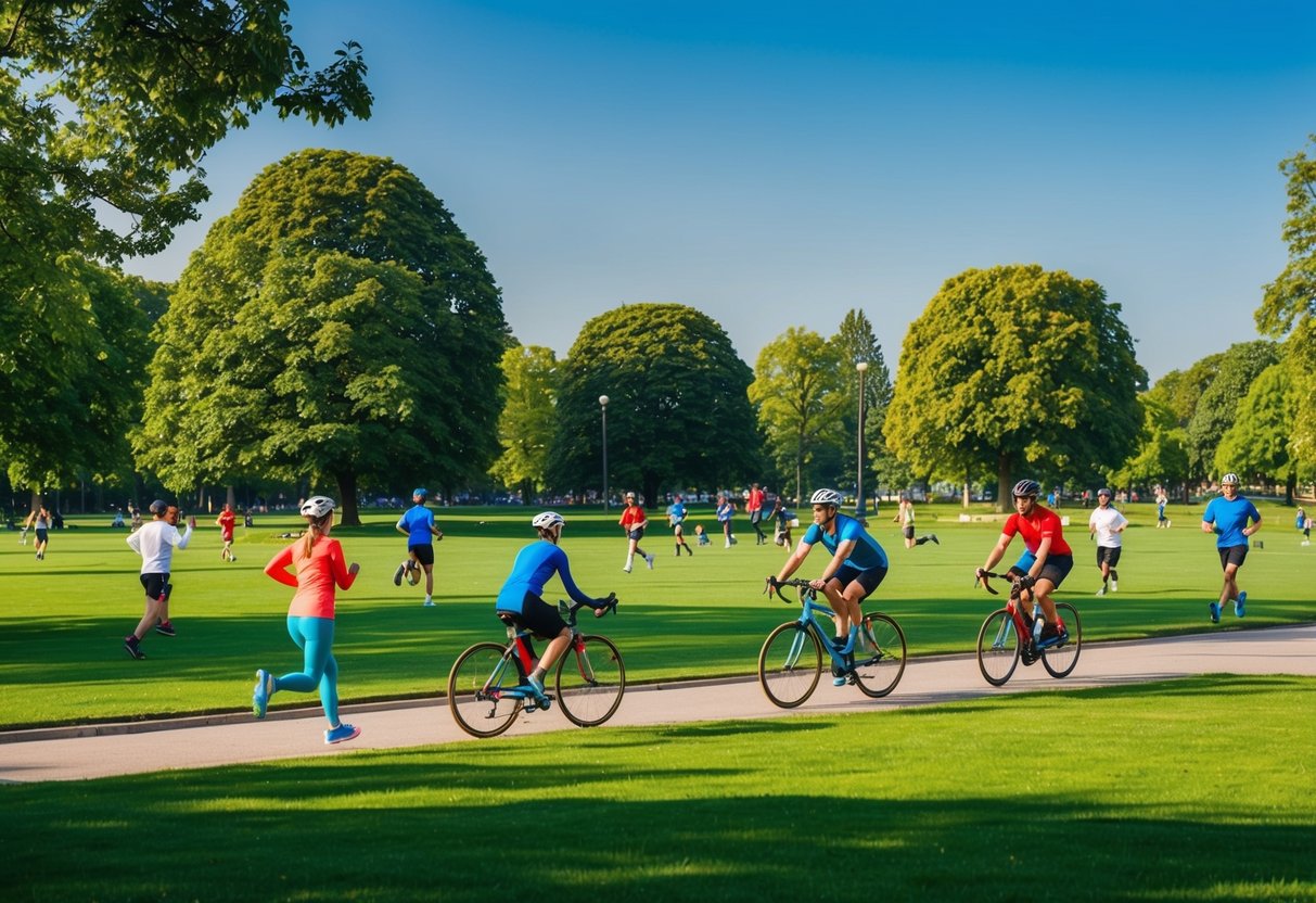 A vibrant park with people jogging, cycling, and playing sports, surrounded by greenery and a clear blue sky