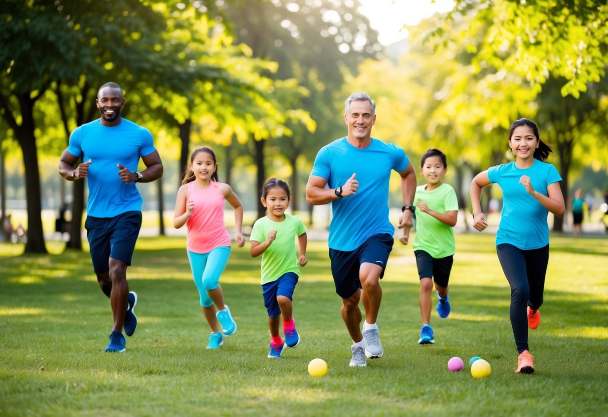 A group of diverse families exercising together in a park, surrounded by trees and sunshine. Parents and children are participating in various fitness activities like stretching, jogging, and playing games