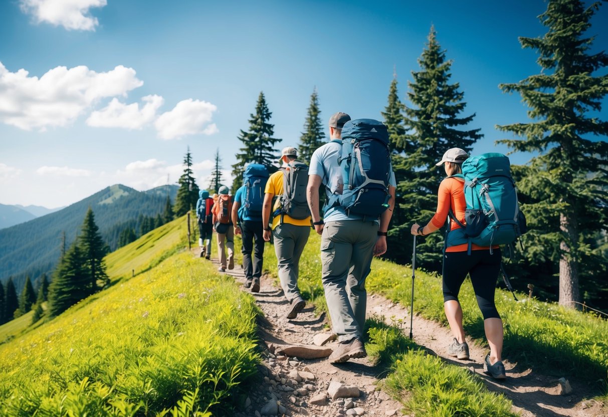 A group of people hiking up a mountain trail, surrounded by lush green trees and a clear blue sky. They are carrying backpacks and wearing comfortable outdoor gear