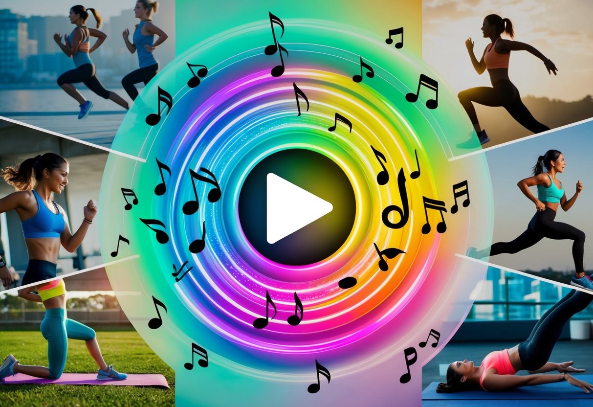 A vibrant, colorful playlist with energetic music notes swirling around, surrounded by images of different exercise activities like running, dancing, and yoga