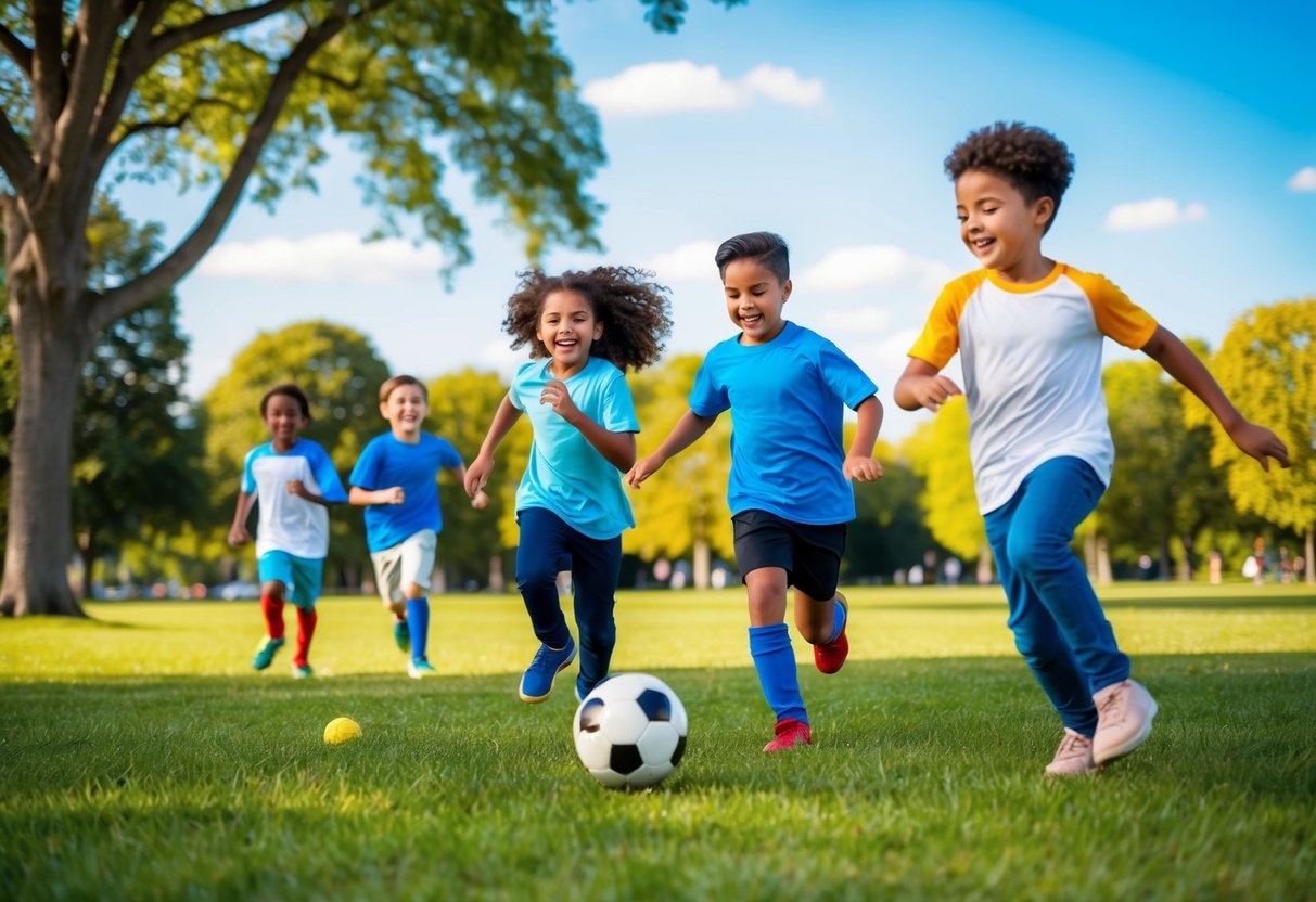 Children playing soccer in a park, surrounded by trees and a bright blue sky. They are running, kicking the ball, and laughing with joy
