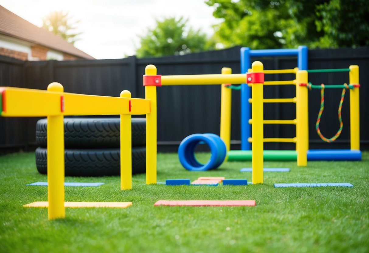 A backyard obstacle course with a balance beam, tire run, tunnel crawl, rope climb, and hopscotch. Brightly colored equipment and green grass