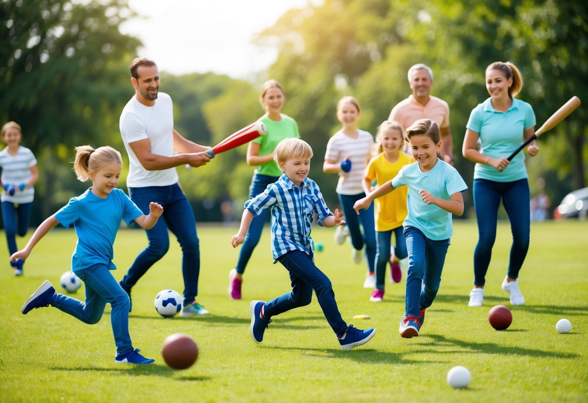 A group of families playing various sports together in a park, with kids running, kicking balls, and swinging bats, while parents cheer them on from the sidelines